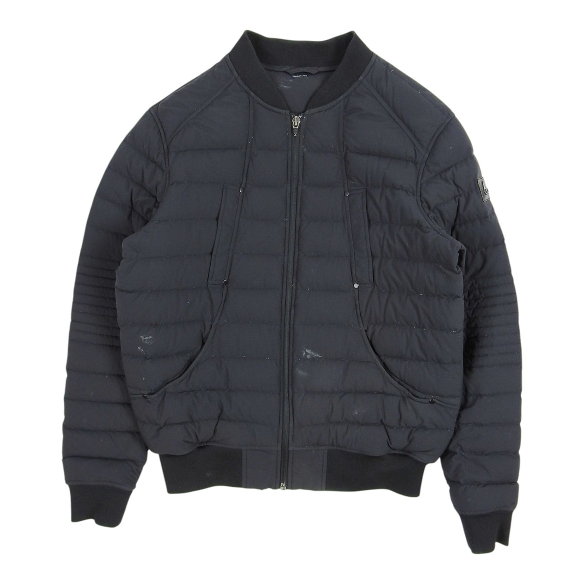 Moncler Black Down Bomber Jacket – Ribbed Collar Curved Pockets Detachable Liner