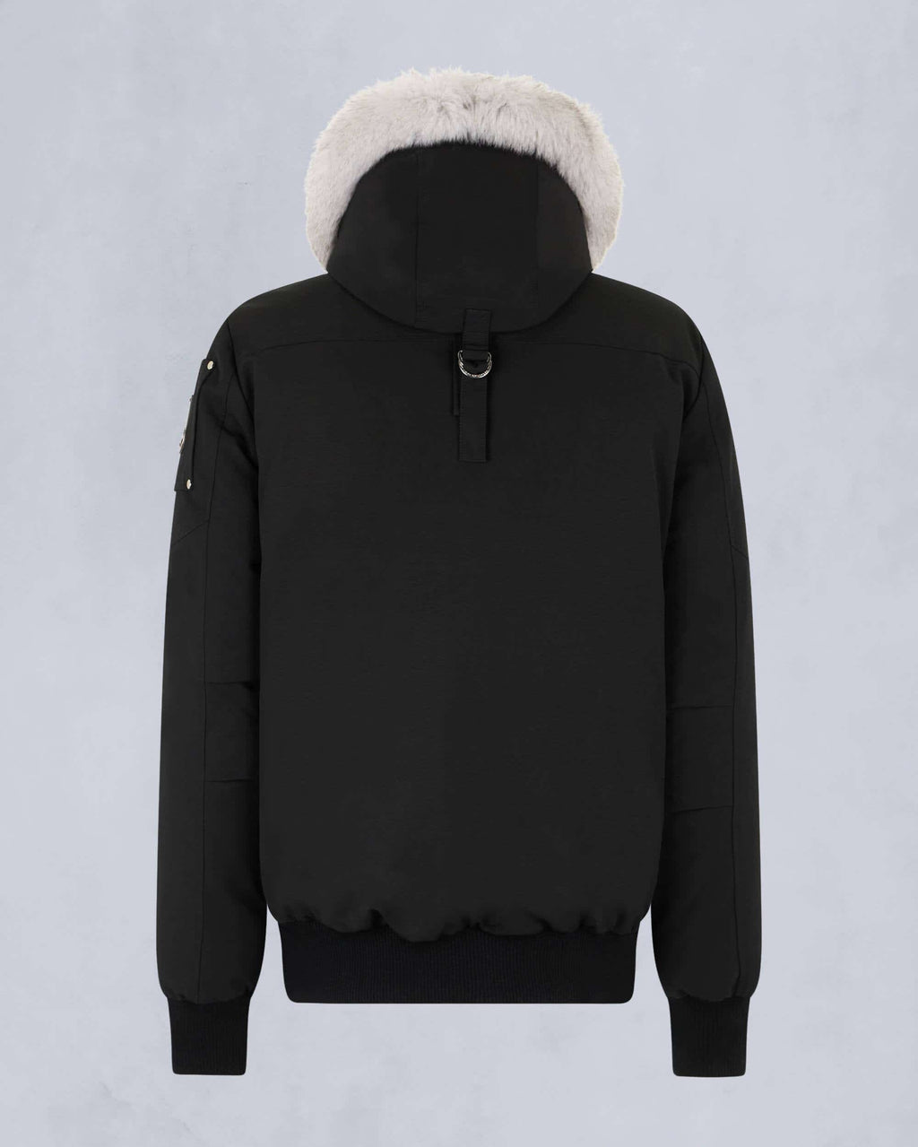 Moose Knuckles Black Hooded Bomber Jacket – White Fur Trim Silver Zip Stud Detail