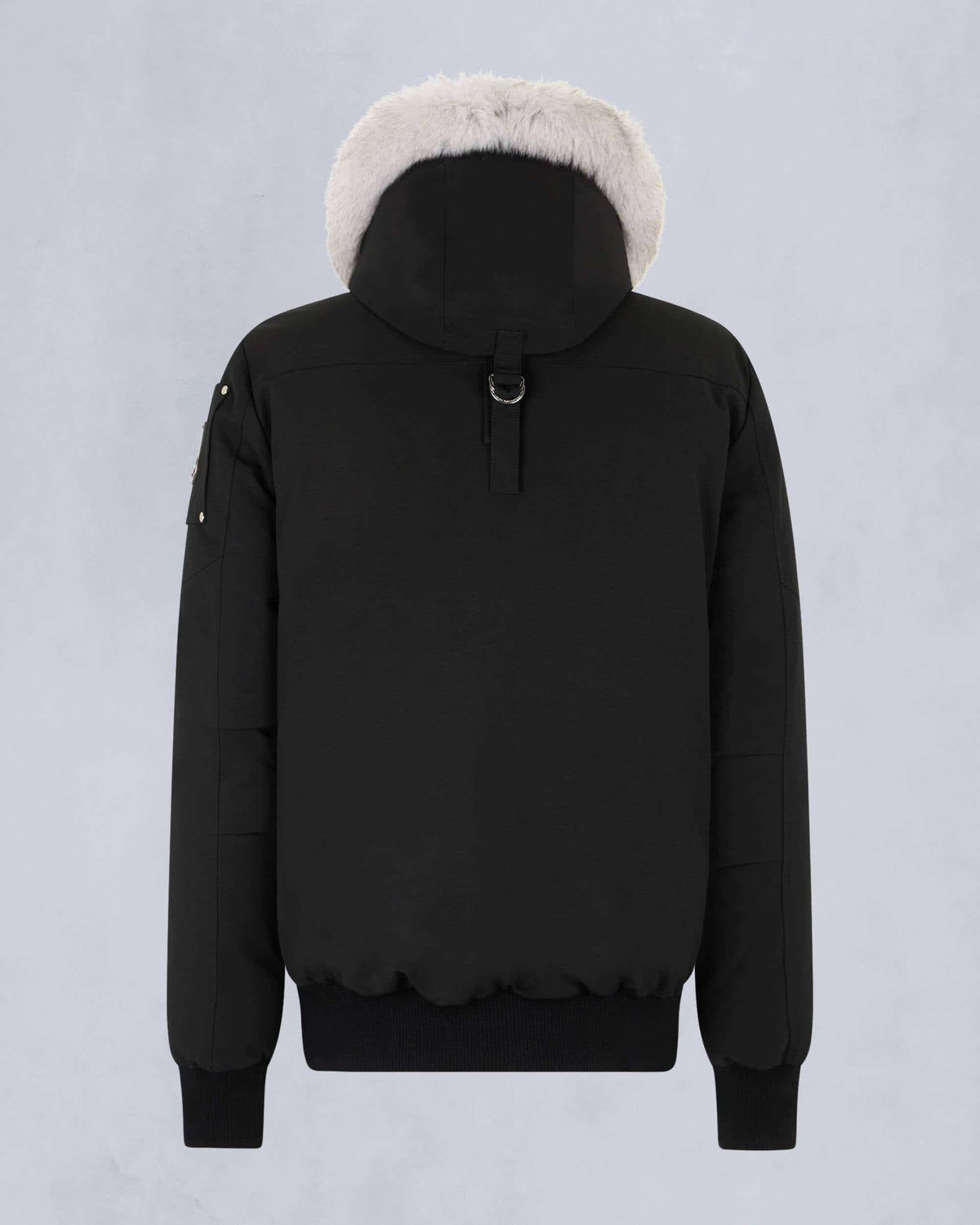 Moose Knuckles Black Hooded Bomber Jacket – White Fur Trim Silver Zip Stud Detail