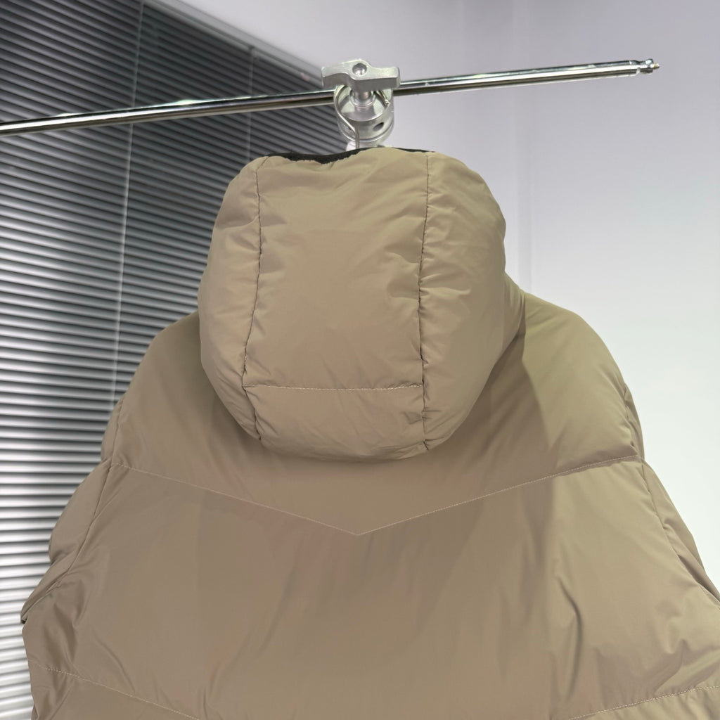 Moncler Grenoble Desert Taupe Day-Namic Hooded Down Jacket – Tricolour Zip V-Baffle Oversized Hood