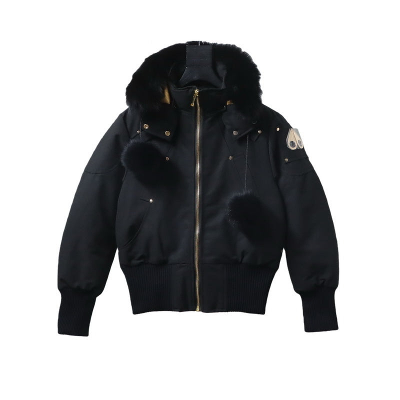 Moose Knuckles Black Fur-Trimmed Hooded Bomber Jacket – Gold Zip Fur Pom Pockets Stud Detail