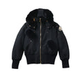 Moose Knuckles Black Fur-Trimmed Hooded Bomber Jacket – Gold Zip Fur Pom Pockets Stud Detail