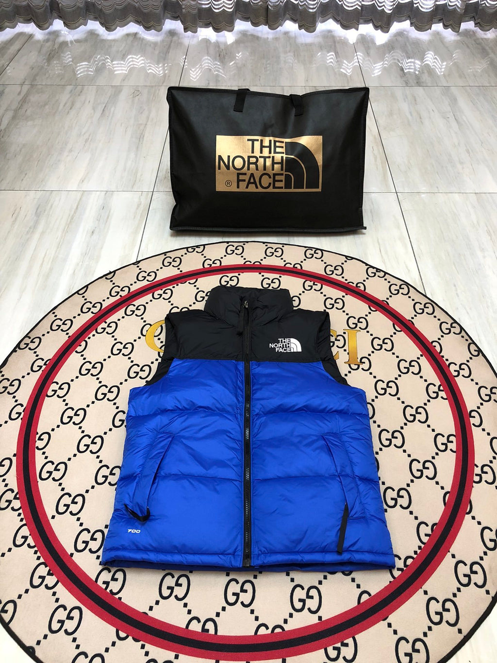 The North Face Blue & Black Nuptse Down Vest