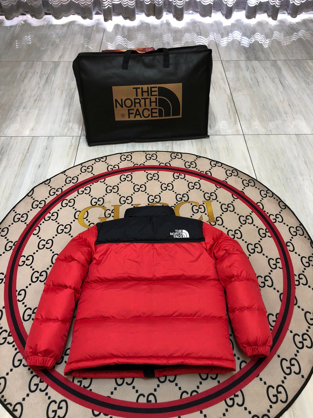 The North Face TNF Red 1996 Retro Nuptse Down Jacket – 700-Fill Black Colour-Block Wide-Baffle No Hood