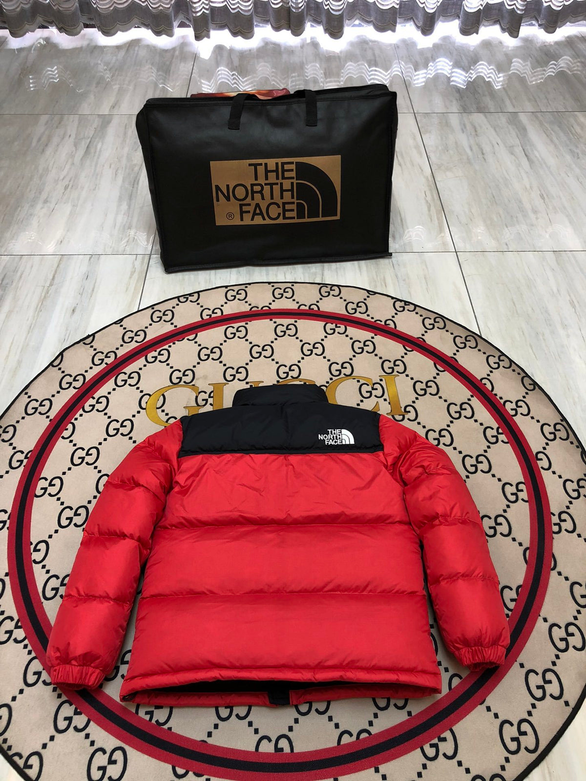 The North Face TNF Red 1996 Retro Nuptse Down Jacket – 700-Fill Black Colour-Block Wide-Baffle No Hood