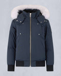 Moose Knuckles Navy Blue Hooded Bomber Jacket – White Fur Trim Metal Logo Badge Silver Zip