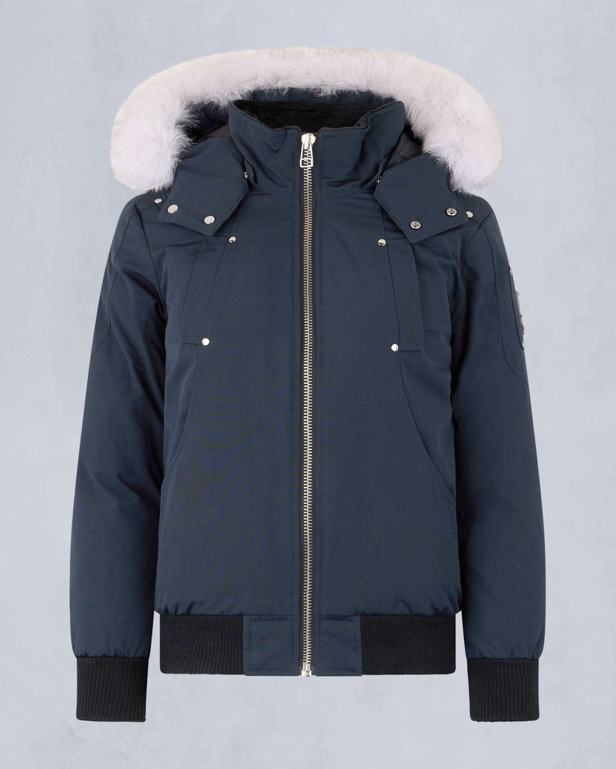Moose Knuckles Navy Blue Hooded Bomber Jacket – White Fur Trim Metal Logo Badge Silver Zip