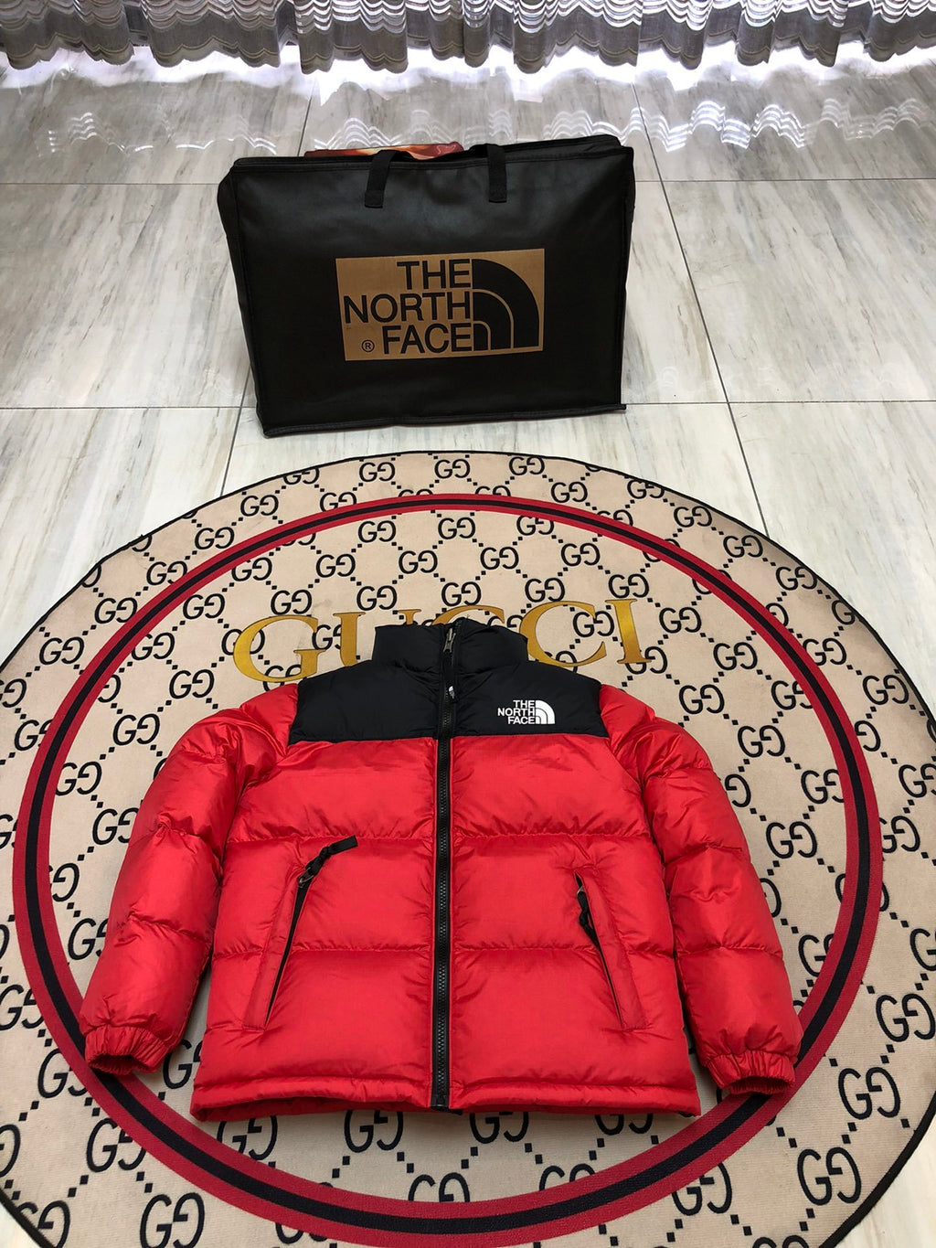 The North Face TNF Red 1996 Retro Nuptse Down Jacket – 700-Fill Black Colour-Block Wide-Baffle No Hood