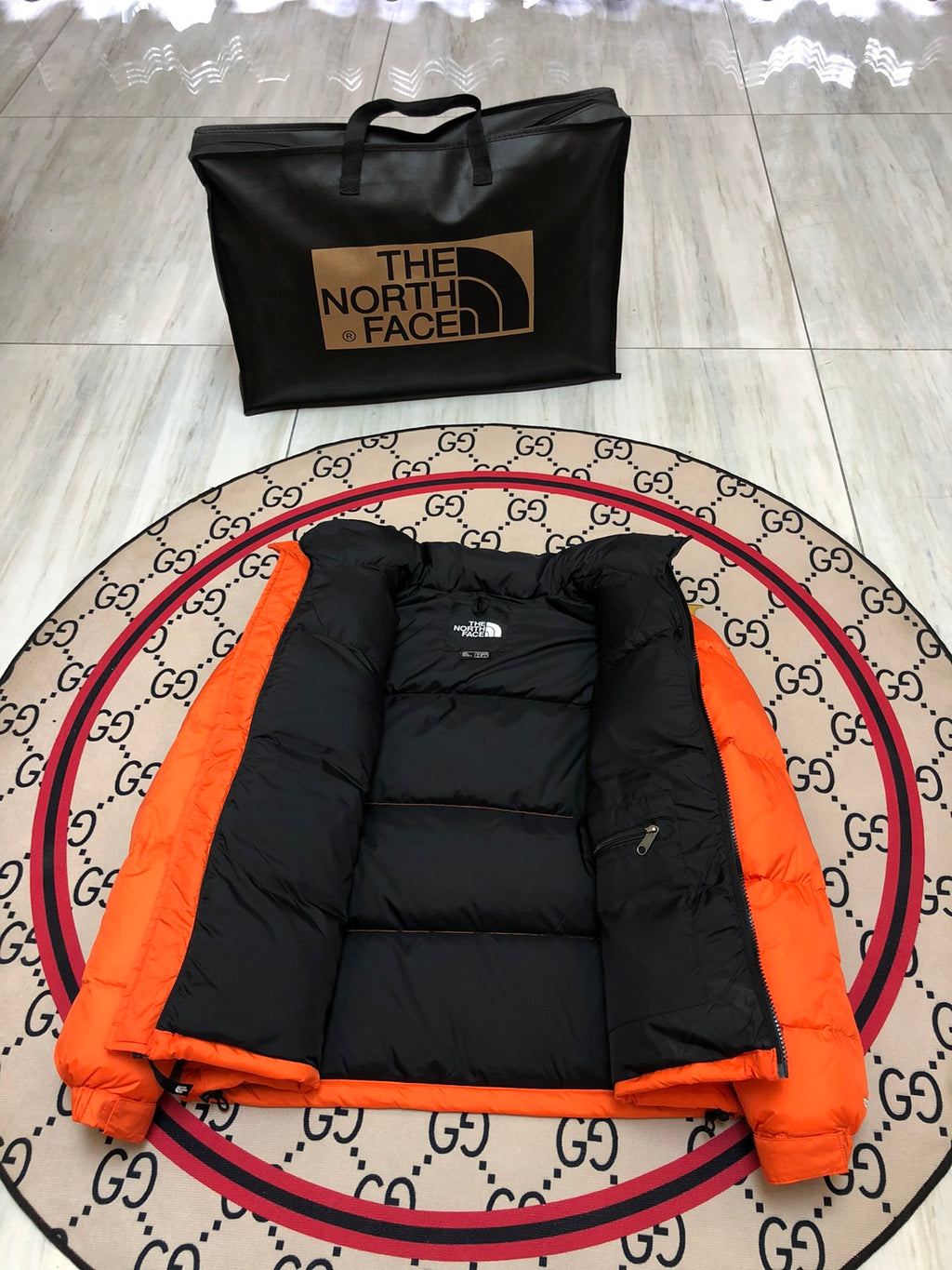 The North Face Flame Orange 1996 Retro Nuptse Hooded Down Jacket – 700-Fill Black Colour-Block Wide-Baffle