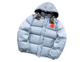 Moncler Ice Blue Hooded Puffer Jacket with Orange Logo Patch