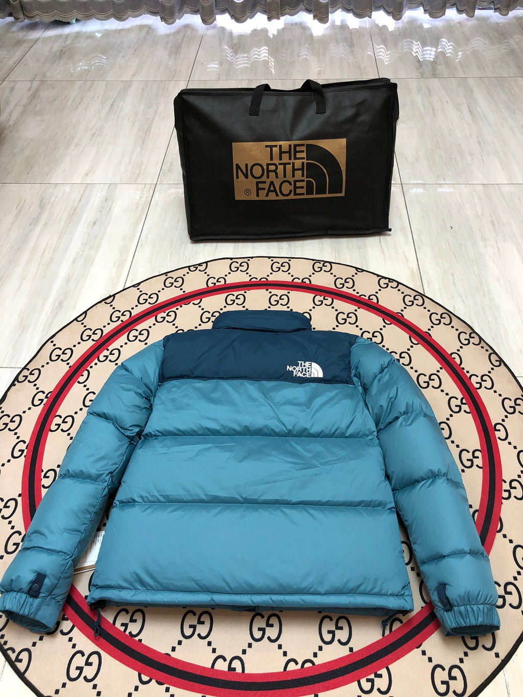 The North Face Teal Blue 1996 Retro Nuptse Down Jacket – 700-Fill Wide-Baffle Two-Tone Hoodless