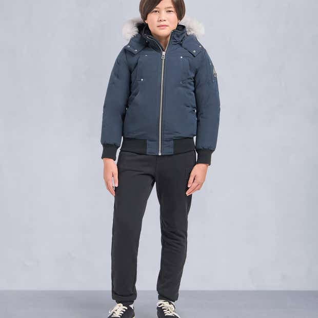 Moose Knuckles Navy Blue Hooded Bomber Jacket – White Fur Trim Metal Logo Badge Silver Zip