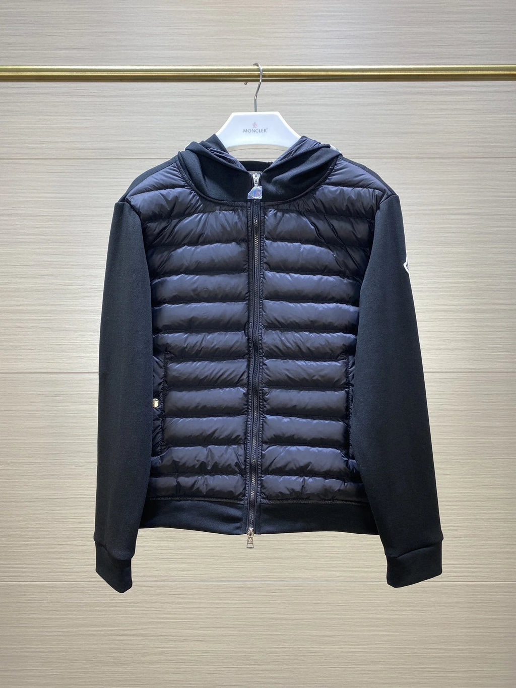 Moncler Navy Black Hybrid Down Cardigan Hoodie – Knit Sleeve Quilted Front