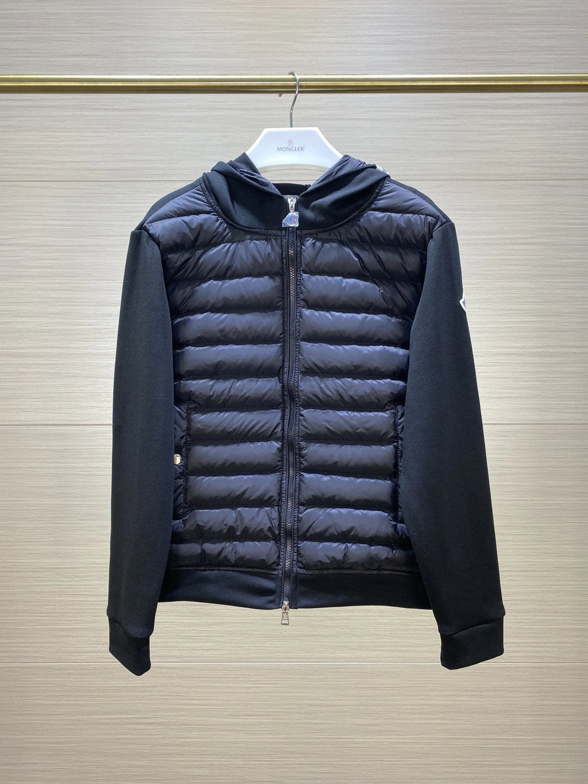 Moncler Navy Black Hybrid Down Cardigan Hoodie – Knit Sleeve Quilted Front