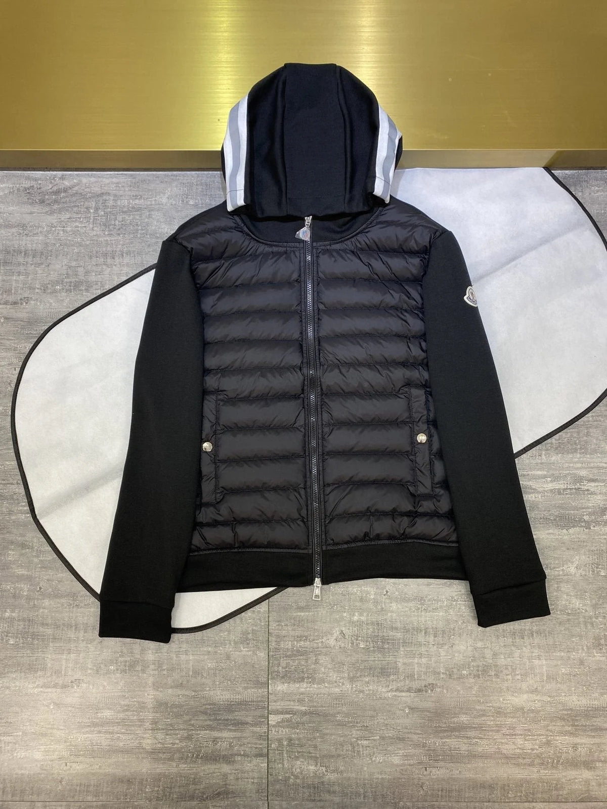 Moncler Navy Black Hybrid Down Cardigan Hoodie – Knit Sleeve Quilted Front