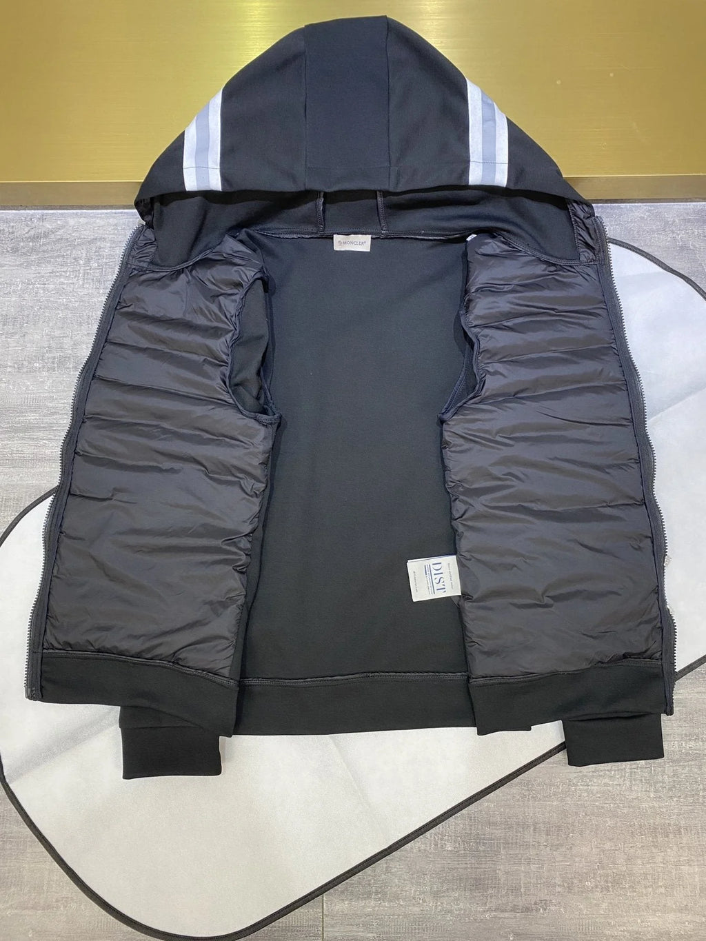 Moncler Navy Black Hybrid Down Cardigan Hoodie – Knit Sleeve Quilted Front
