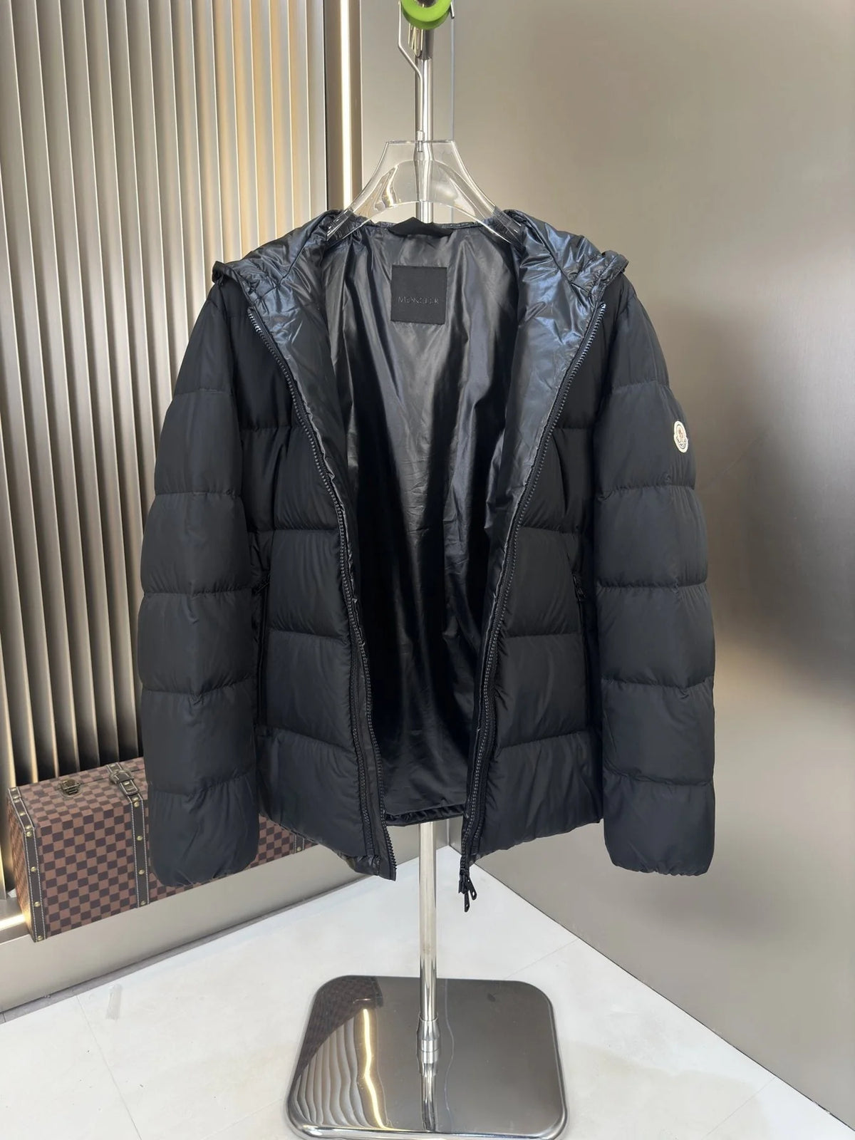 Moncler Black Collarless Down Inner Jacket – Arm Badge Zip Front Liner