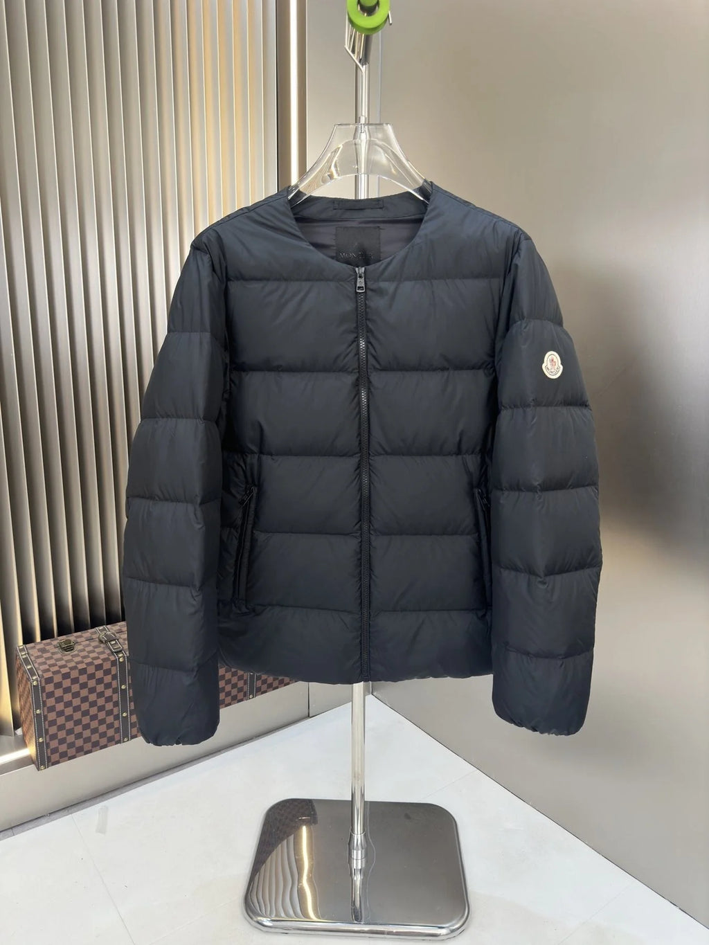 Moncler Black Collarless Down Inner Jacket – Arm Badge Zip Front Liner