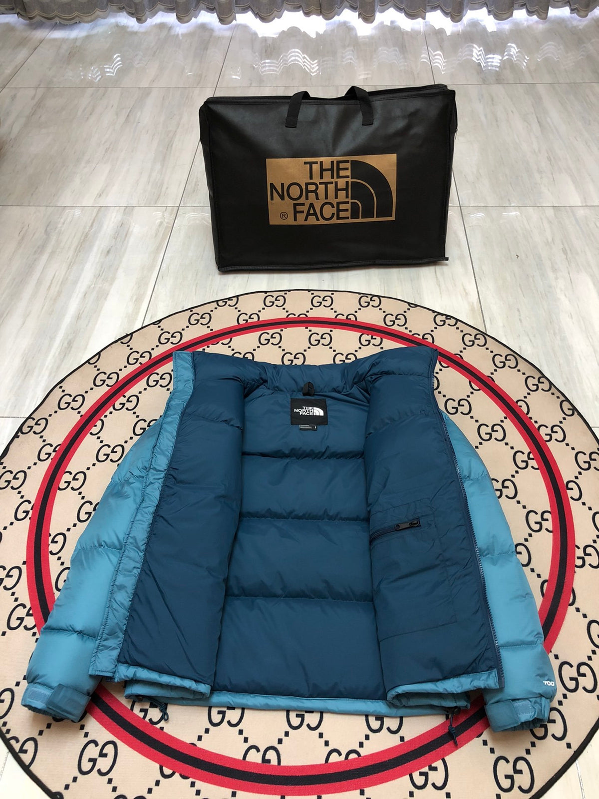 The North Face Teal Blue 1996 Retro Nuptse Down Jacket – 700-Fill Wide-Baffle Two-Tone Hoodless