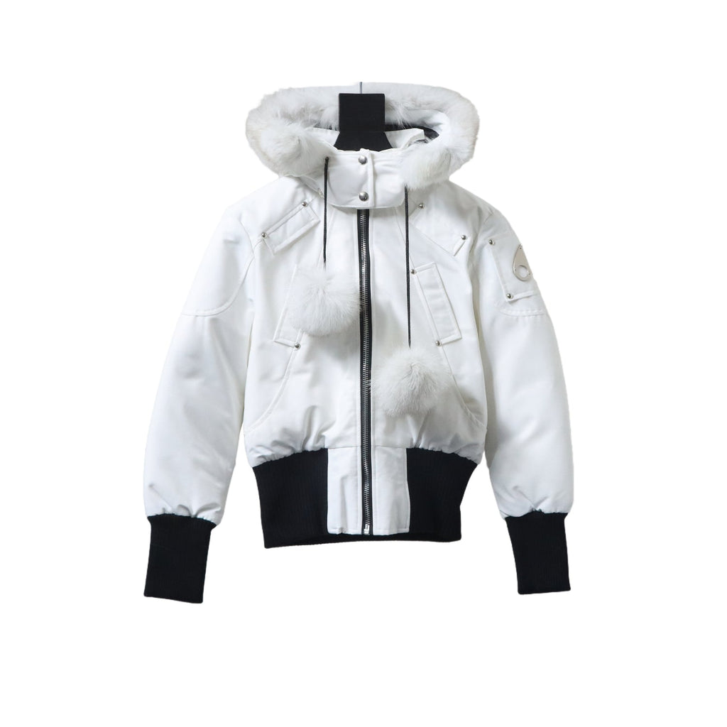 Moose Knuckles White Fur-Trimmed Hooded Bomber Jacket – Black Contrast Cuffs Fur Pom Silver Zip