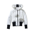 Moose Knuckles White Fur-Trimmed Hooded Bomber Jacket – Black Contrast Cuffs Fur Pom Silver Zip