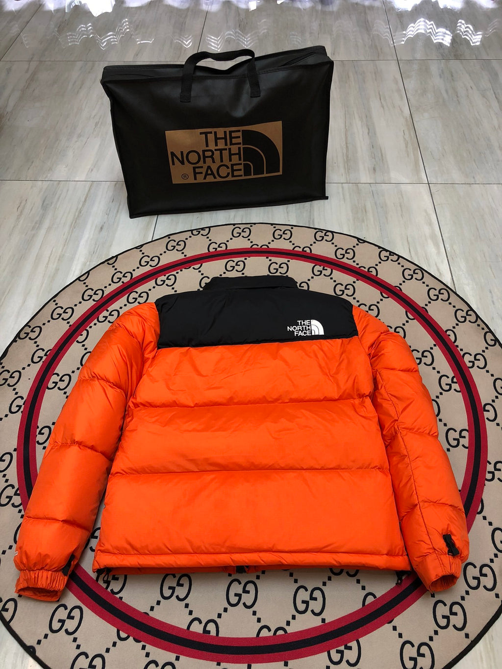 The North Face Flame Orange 1996 Retro Nuptse Hooded Down Jacket – 700-Fill Black Colour-Block Wide-Baffle