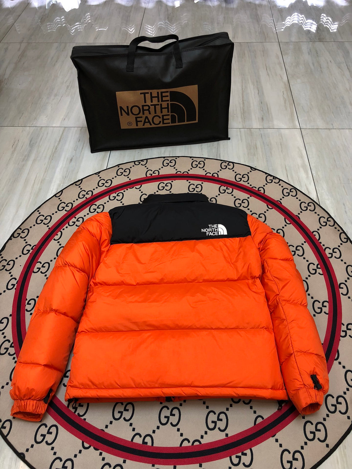 The North Face Flame Orange 1996 Retro Nuptse Hooded Down Jacket – 700-Fill Black Colour-Block Wide-Baffle