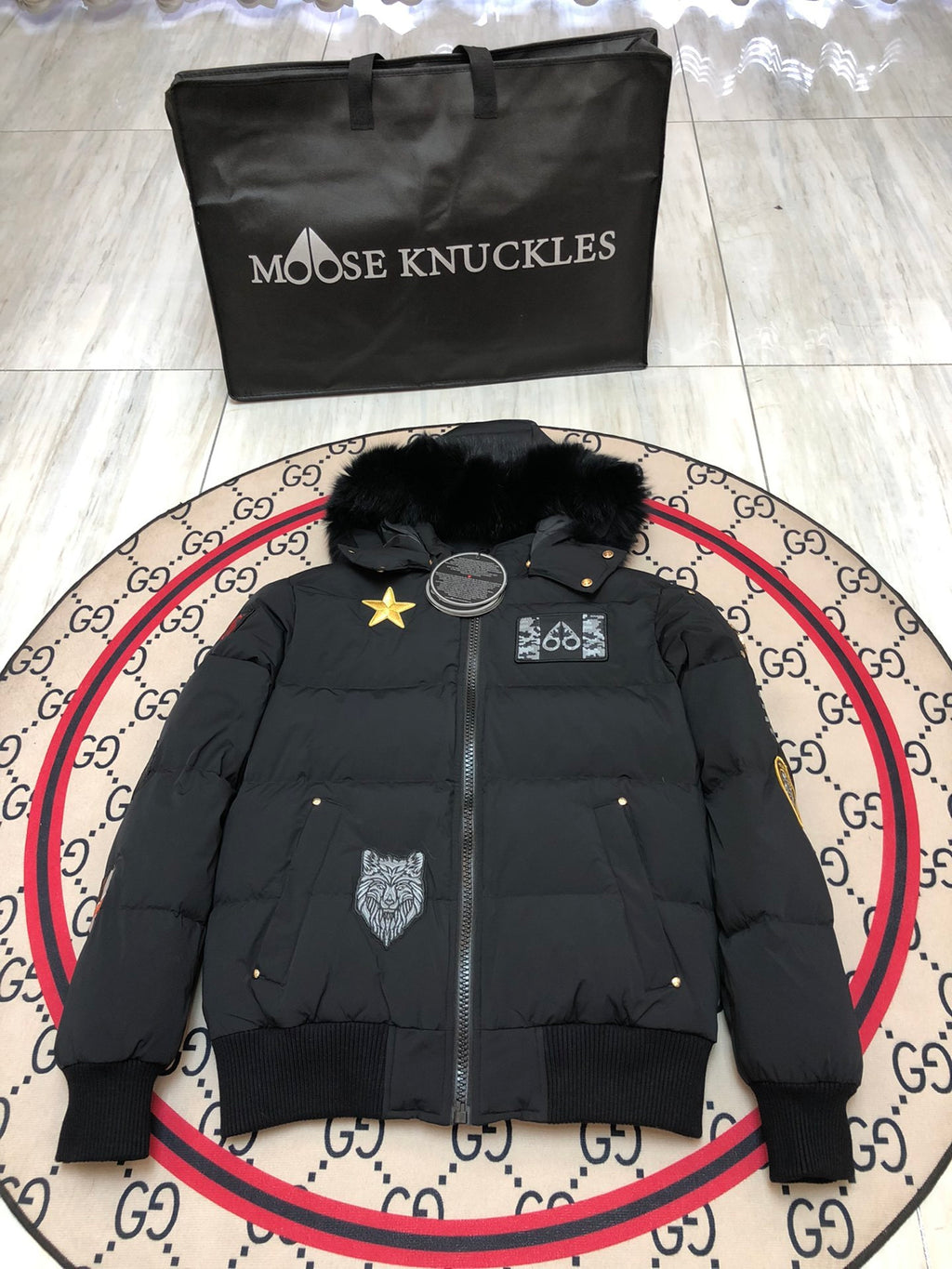 Moose Knuckles Black Militia Patch Down Bomber Jacket – Fur Hood Wolf Embroidery Military Badges True North Graphic