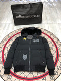 Moose Knuckles Black Militia Patch Down Bomber Jacket – Fur Hood Wolf Embroidery Military Badges True North Graphic
