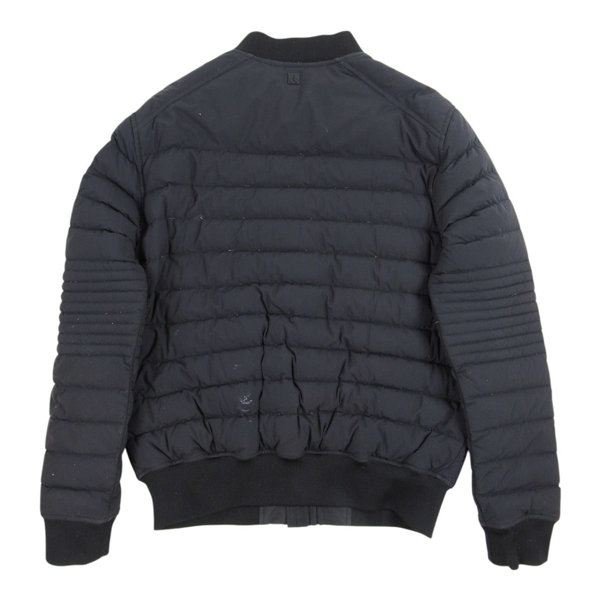 Moncler Black Down Bomber Jacket – Ribbed Collar Curved Pockets Detachable Liner