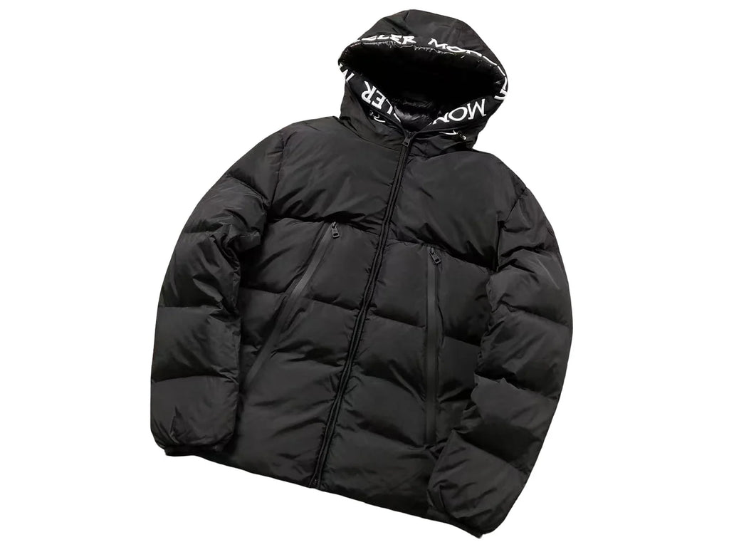 Moncler Matte Black Hooded Down Jacket – Hood Logo Print Chest Zip Pockets