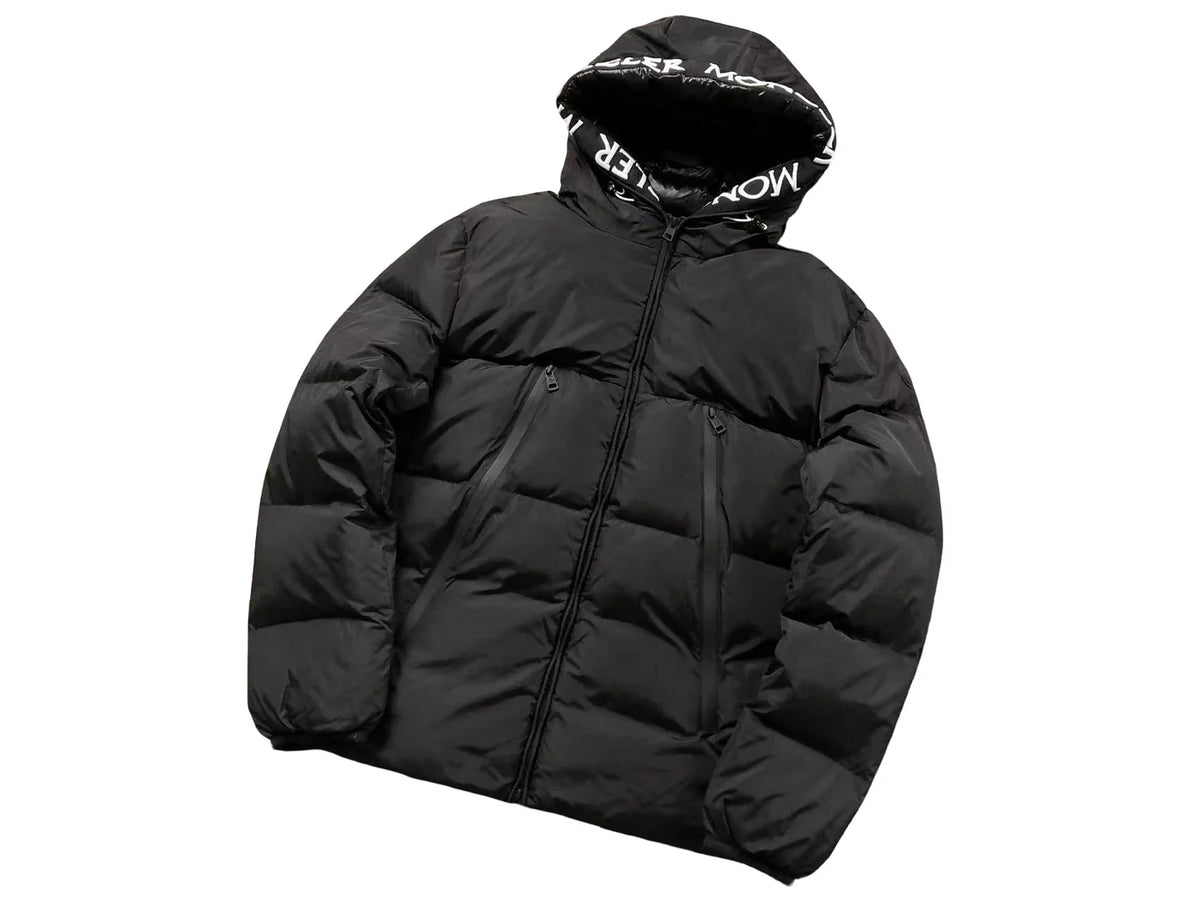 Moncler Matte Black Hooded Down Jacket – Hood Logo Print Chest Zip Pockets