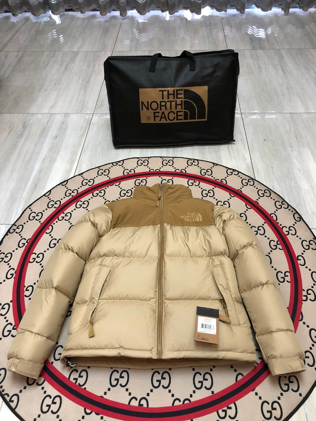 The North Face Sand Beige 1996 Retro Nuptse Hooded Down Jacket – 700-Fill Khaki Tone-on-Tone Wide-Baffle