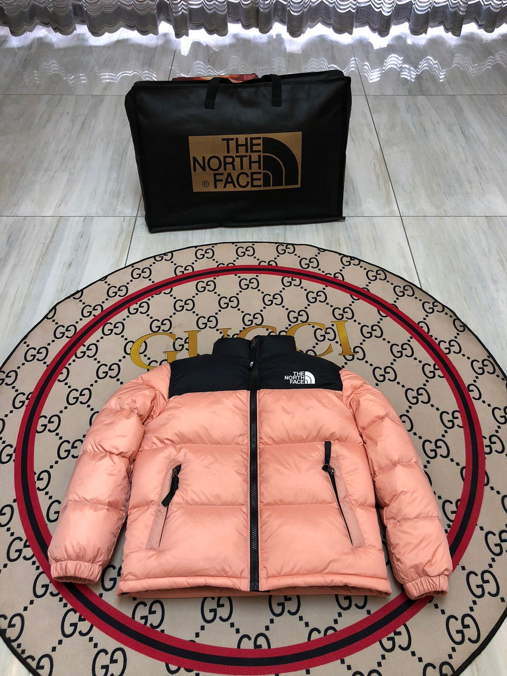 The North Face Peach Pink 1996 Retro Nuptse Down Jacket – 700-Fill Black Colour-Block Wide-Baffle No Hood