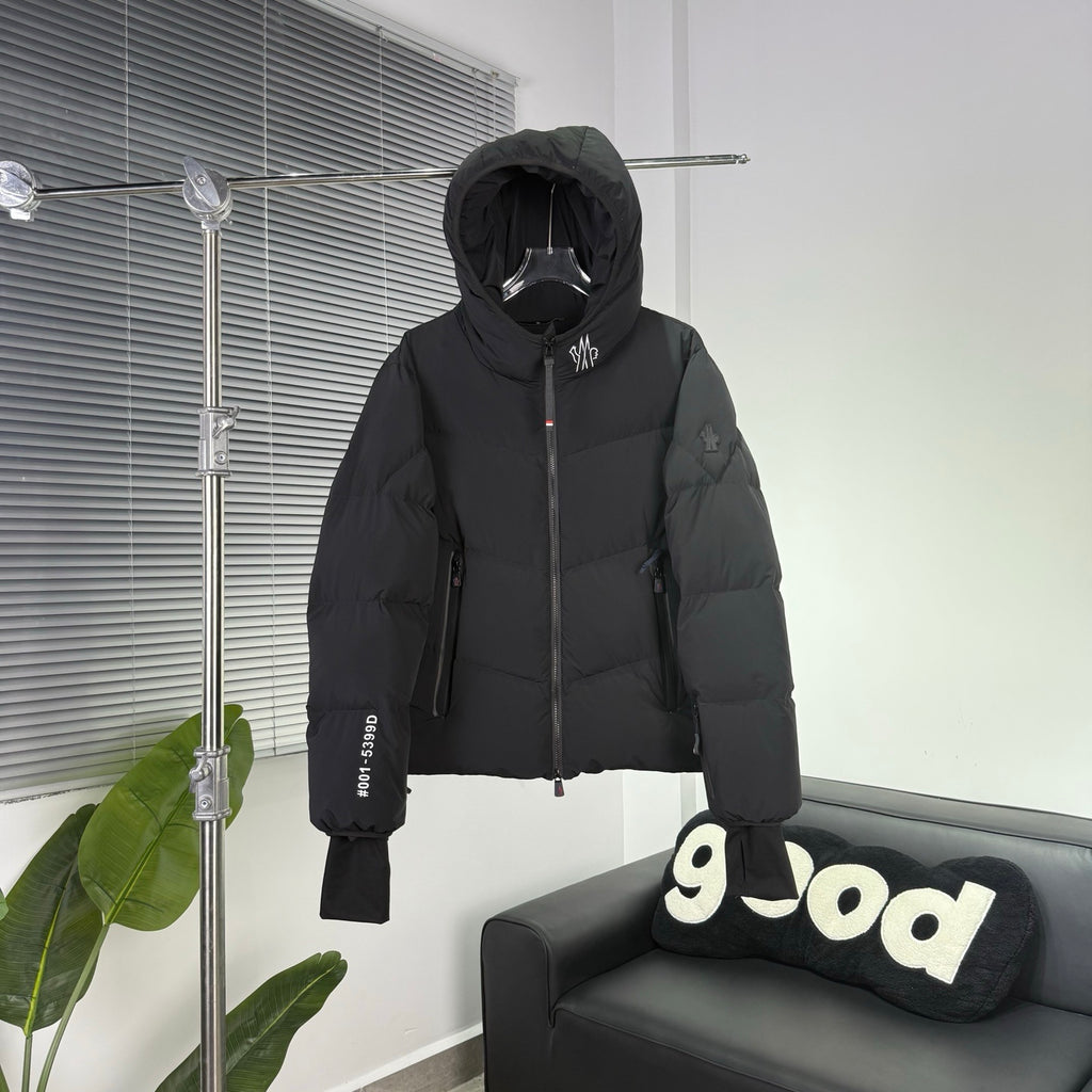 Moncler Grenoble Charcoal Black Day-Namic Hooded Down Jacket – Tricolour Zip Oversized Hood Ski