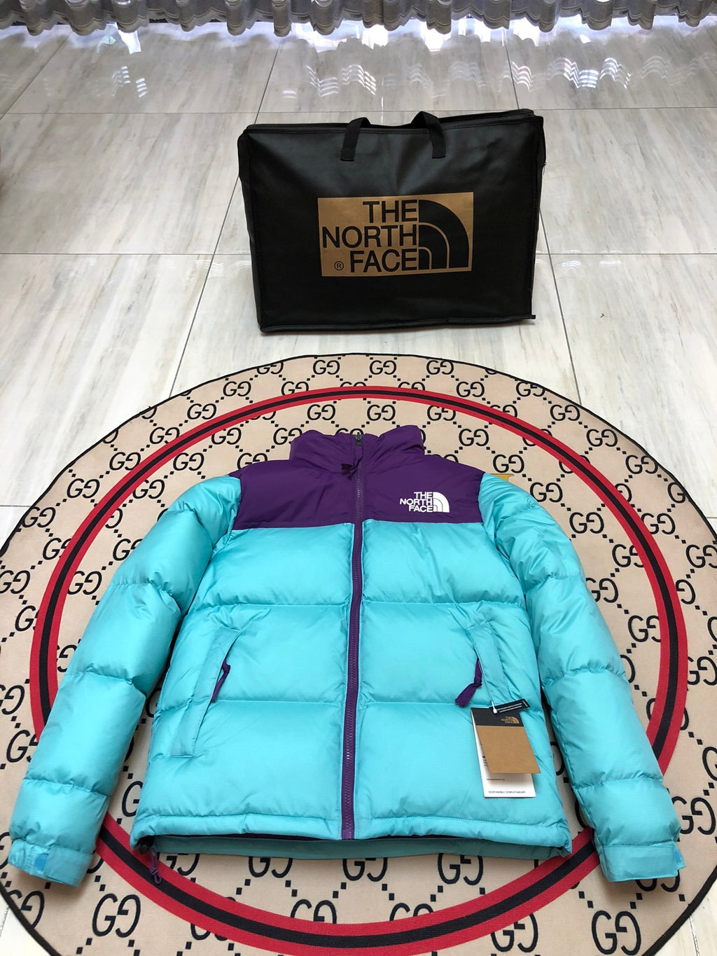 The North Face Aqua Blue 1996 Retro Nuptse Hooded Down Jacket – 700-Fill Purple Colour-Block Wide-Baffle
