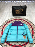 The North Face Aqua Blue 1996 Retro Nuptse Hooded Down Jacket – 700-Fill Purple Colour-Block Wide-Baffle