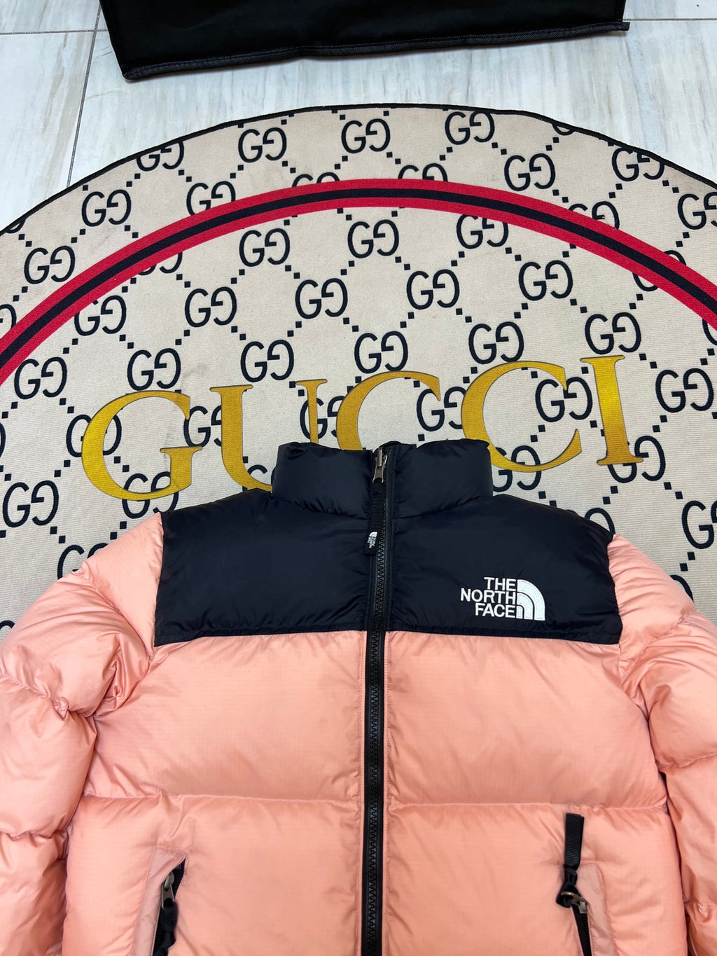 The North Face Peach Pink 1996 Retro Nuptse Down Jacket – 700-Fill Black Colour-Block Wide-Baffle No Hood