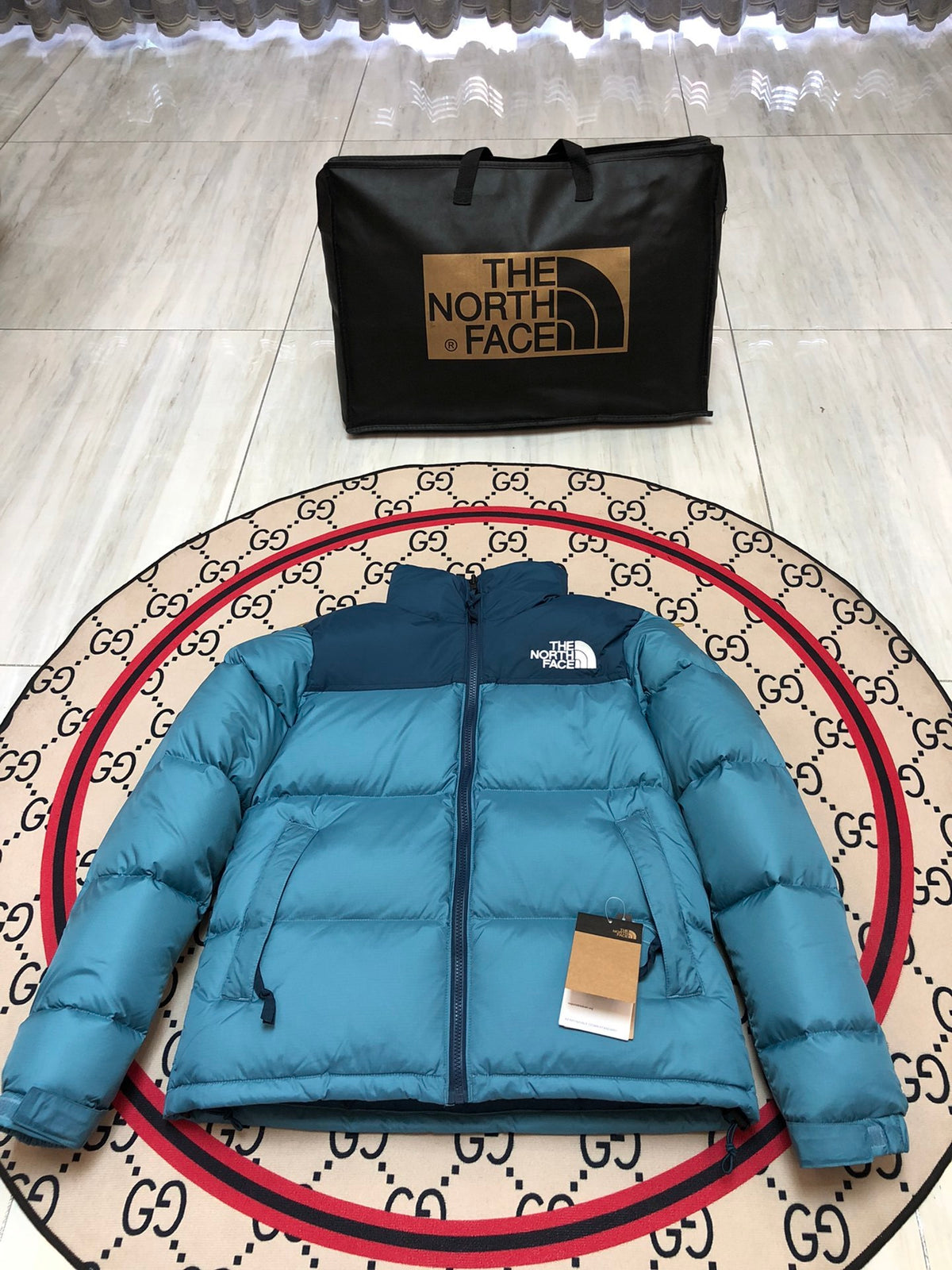 The North Face Teal Blue 1996 Retro Nuptse Down Jacket – 700-Fill Wide-Baffle Two-Tone Hoodless
