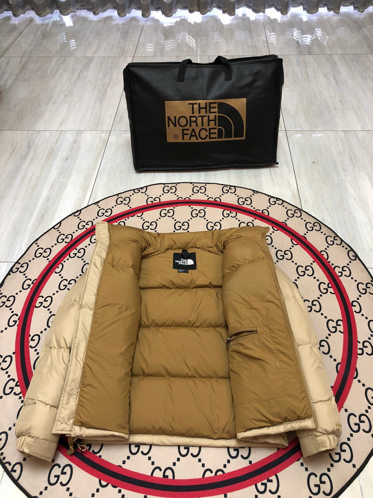 The North Face Sand Beige 1996 Retro Nuptse Hooded Down Jacket – 700-Fill Khaki Tone-on-Tone Wide-Baffle