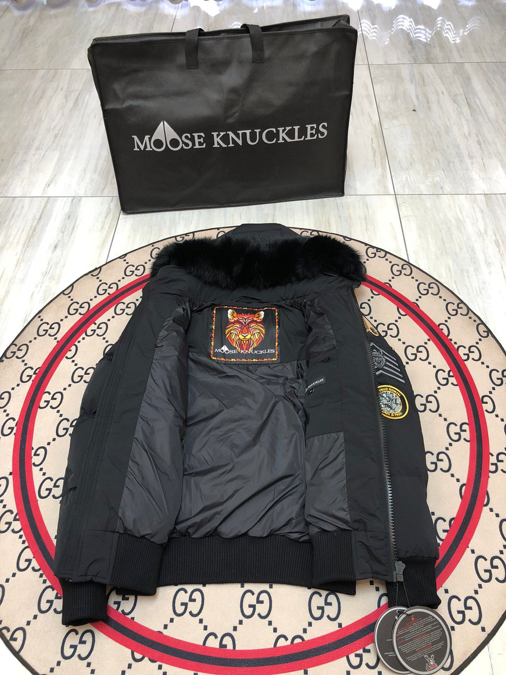 Moose Knuckles Black Militia Patch Down Bomber Jacket – Fur Hood Wolf Embroidery Military Badges True North Graphic