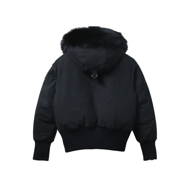 Moose Knuckles Black Fur-Trimmed Hooded Bomber Jacket – Gold Zip Fur Pom Pockets Stud Detail