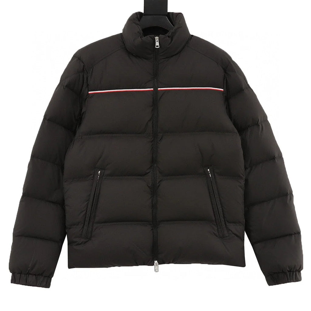 Moncler Black Stand-Collar Puffer Jacket with Contrast Chest Stripe