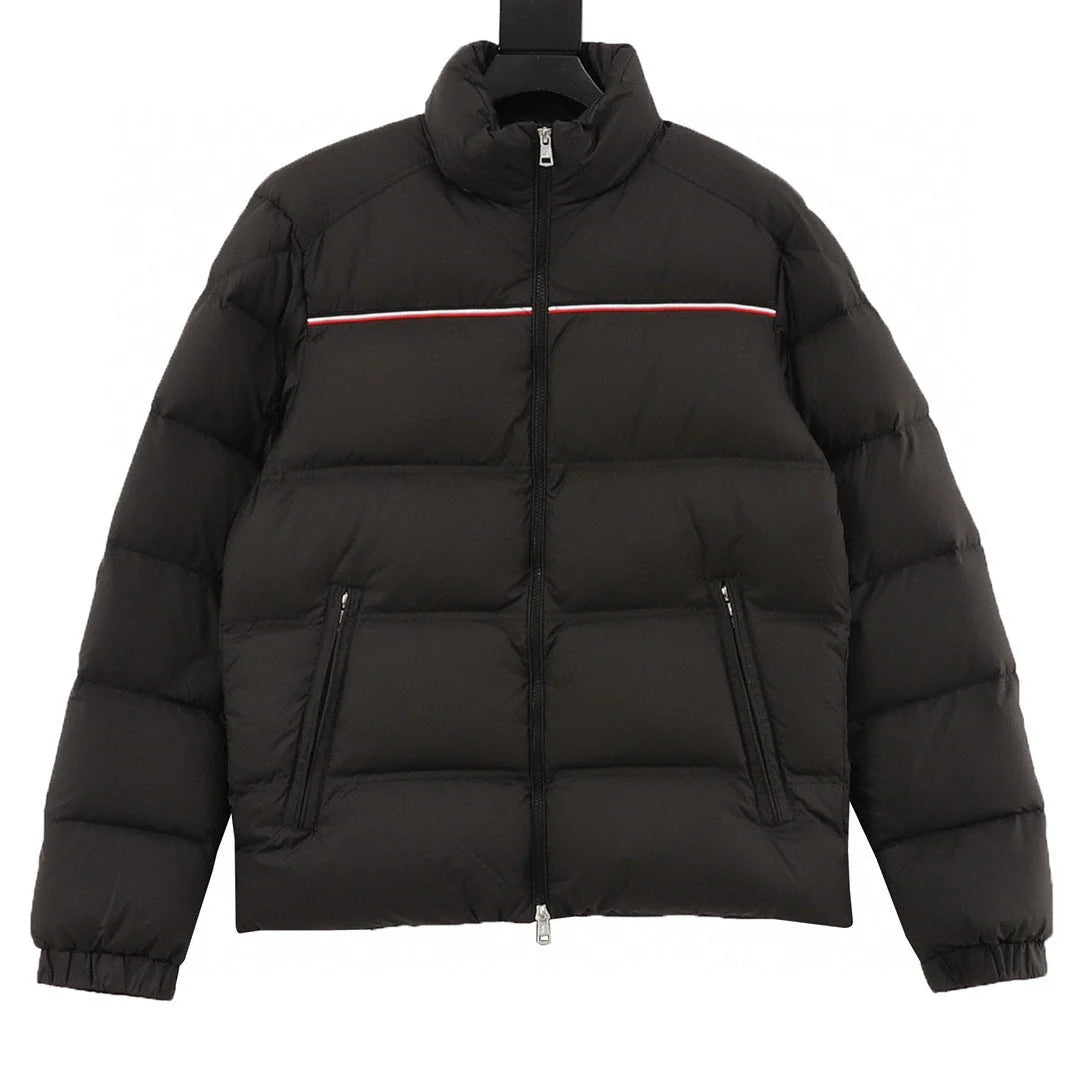 Moncler Black Stand-Collar Puffer Jacket with Contrast Chest Stripe